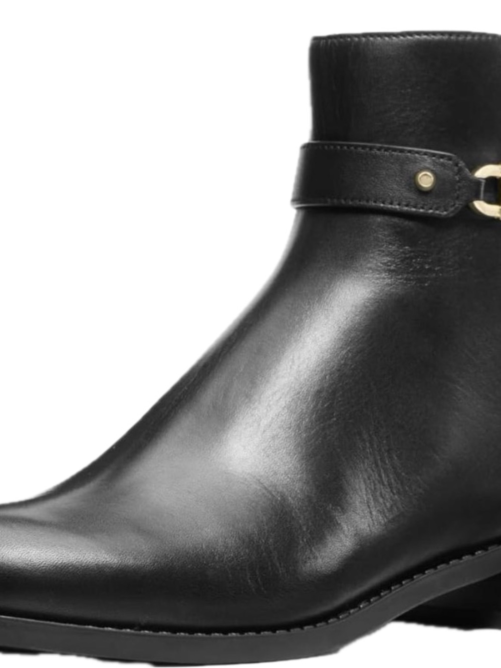 Michael Kors Black Leather Ankle Boot with Strap and Gold Accent